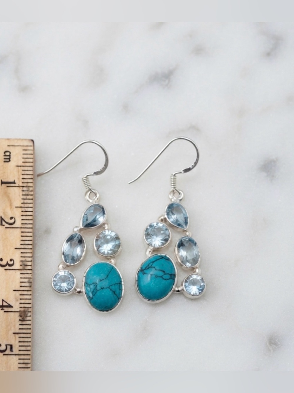 Turquoise & Blue Topaz Chandelier Earrings in Sterling Silver - Picture 2 of 7